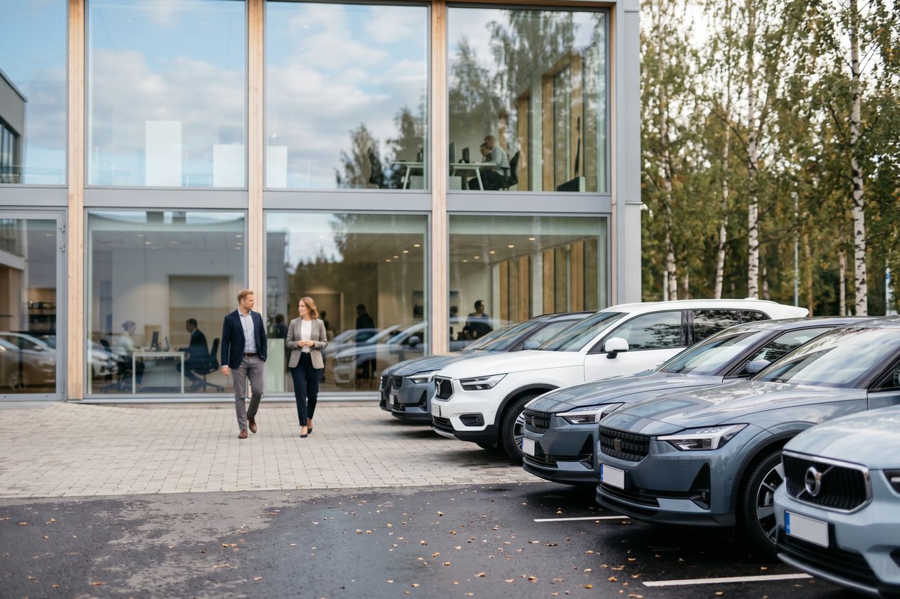 Uusia autoja autoliikkeen pihalla