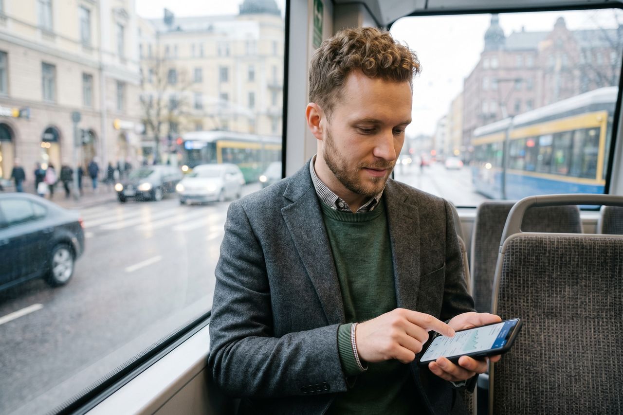 Mies selaamassa matkapuhelinta liikenteen keskellä