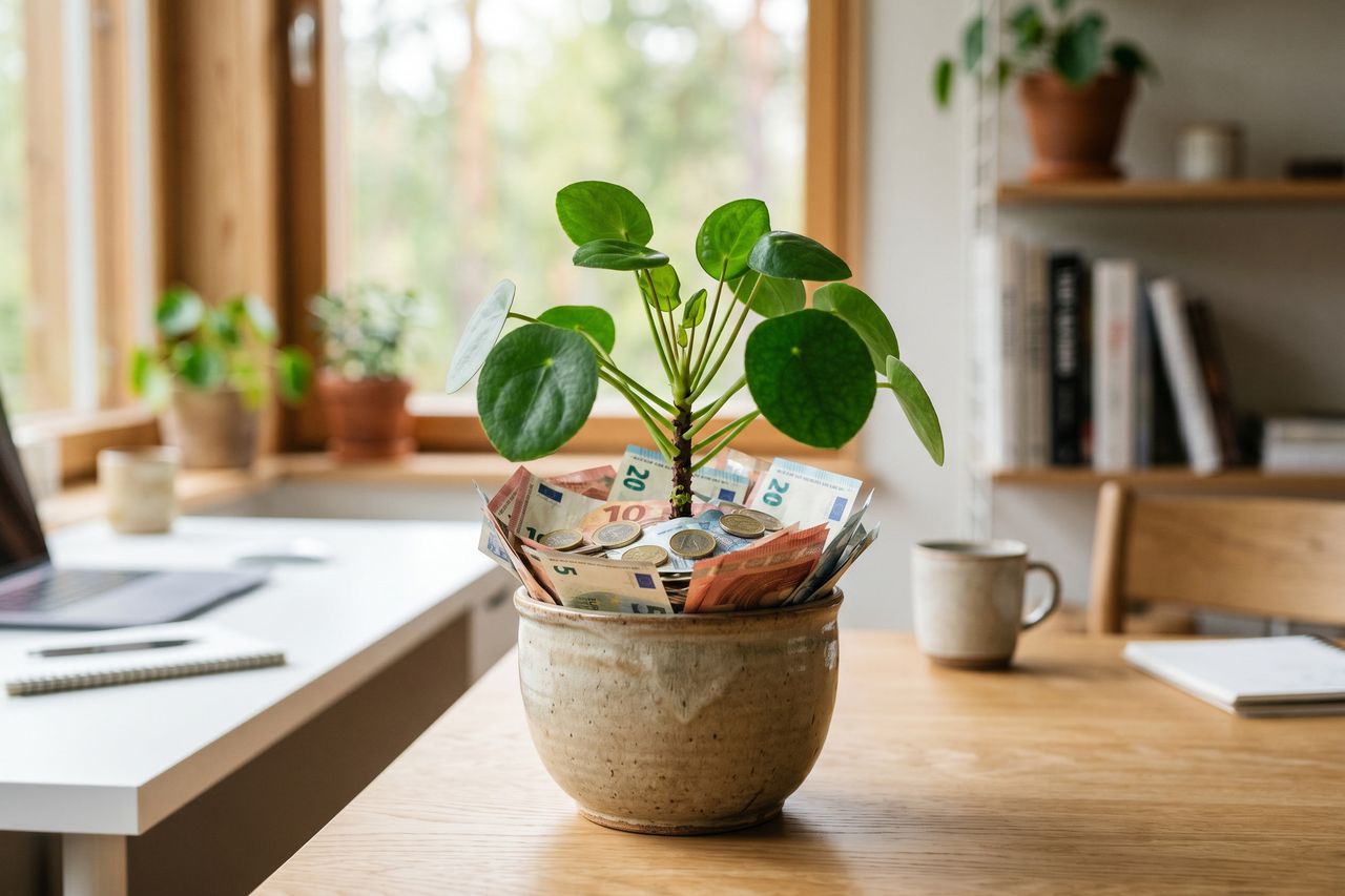 Kasvi kasvamassa rahalla täytetystä kukkaruukusta