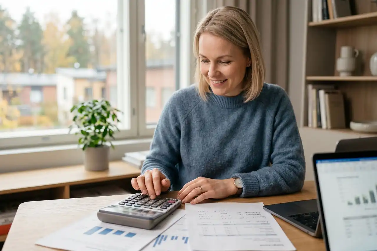 Henkilö tekemässä lainalaskelmia taskulaskimen avulla